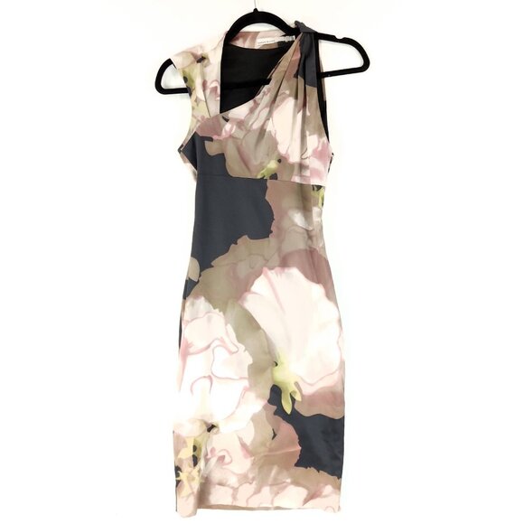 Karen Millen Wiggle Pencil Dress Size 4 Floral Cocktail Asymmetrical Neck - Picture 1 of 12